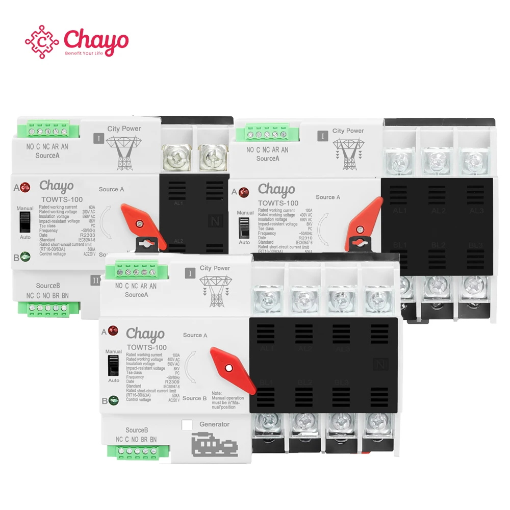 Din Rail 2P 3P 4P ATS Dual Power Automatic Transfer Switch Electrical Selector Switches Uninterrupted Power 63A 100A TONGOU Mini