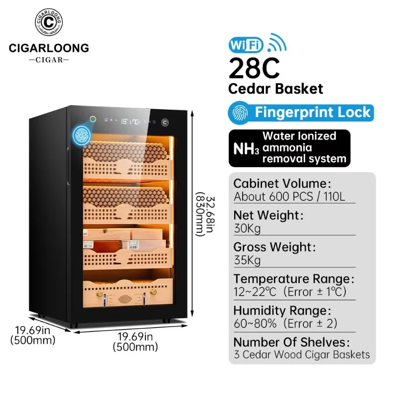 28C CIGARLOONG ضاغط درجة الحرارة والرطوبة المستمر الشهير خزانة سيجار الأرز المبردة بالهواء مع WIFI وبصمة الإصبع #6