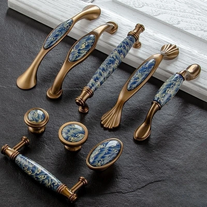 Perilla de cerámica  aleación  Zinc para cajón  armario, tirador  armario  cocina Vintage, manija americana, azul y am