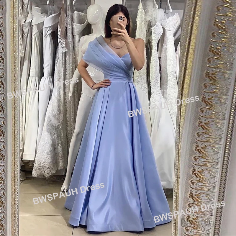 2024 Blue Organza Prom Dresses Long Flat One Shoulder Sweetheart Organza Pleated Satin Evening Gown Graduations Party Dress