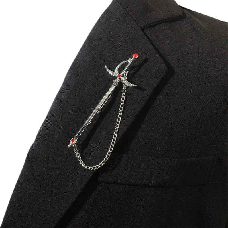 Retro Metal Sword Brooch Crystal Tassel Chain Lapel Pins Scarf Buckle Badge Fashion Brooches for Women and Men Accessories