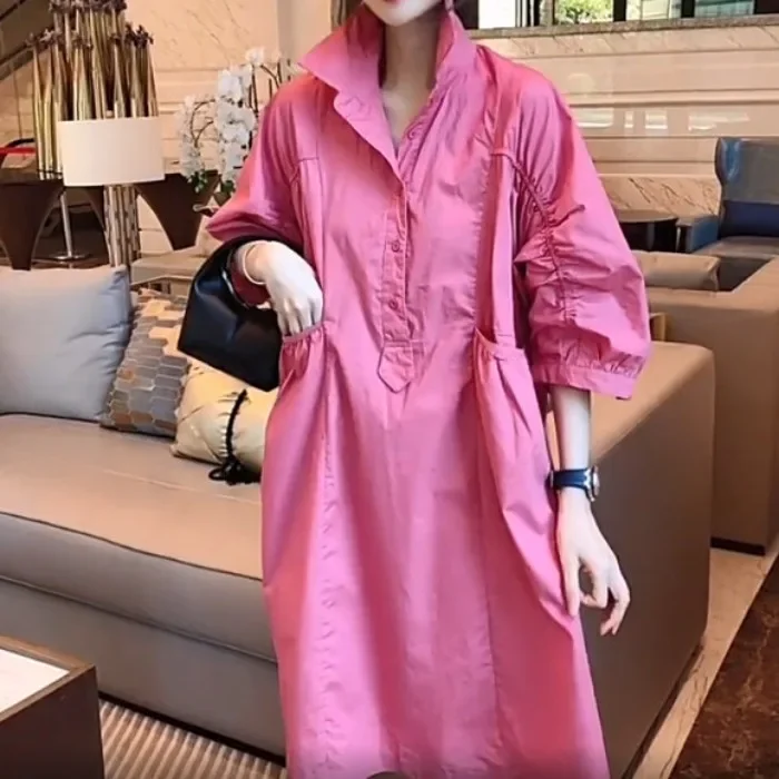 Korejepo Long Shirt Dress Women Quarter Sleeved Loose Casual Minimalist Shirts Dresses 2024 Mid Length Style Temperament Clothes