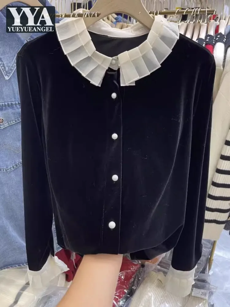 New Spring Women Black Velvet Shirt Spliced Peter Pan Collar Long Sleeve Single Breasted Office Lady Elegant Casual Blouses Tops