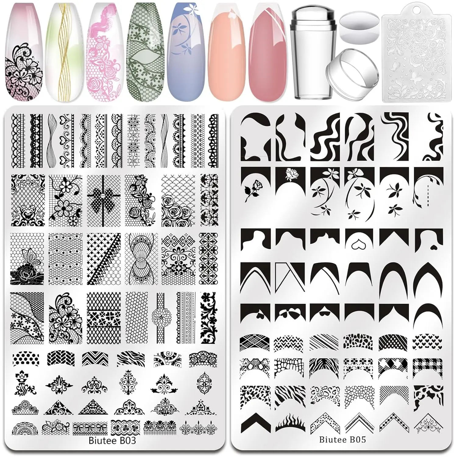 

Nail Stamping Plates 2Pcs French Tip Stamp Plate 110 Patterns Nail Stamping Kit with Silicone Stamper Scraper Large Lace Line
