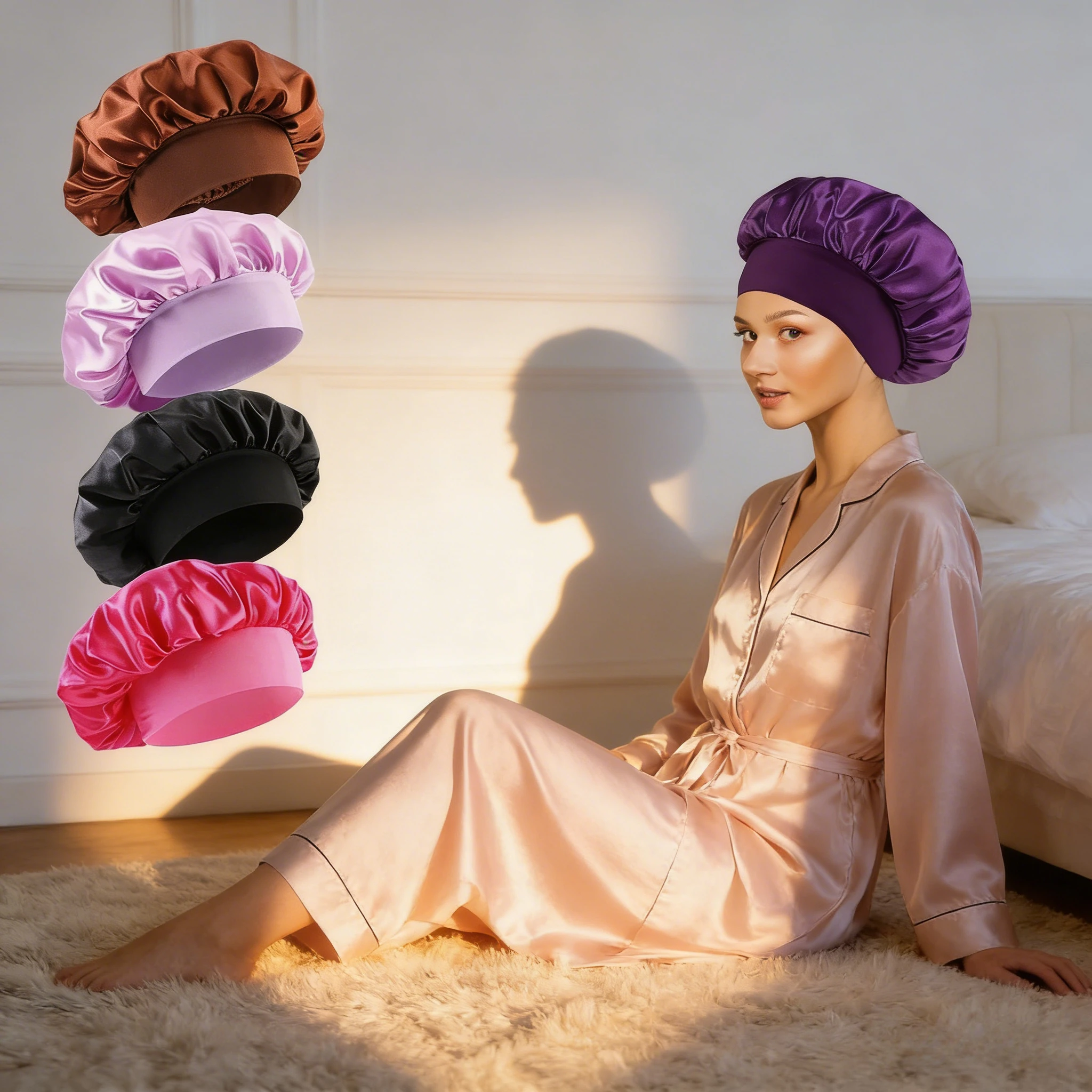 Soft Silk Satin Lined Bonnet Night Cap Satin Hair Bonnet Household Sleep Shower Cap Hair Wrap Cover for Long Hair Salon Tool