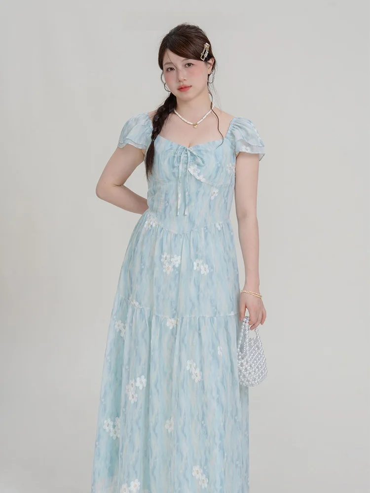 

Heynew Floral Long Dress Women Summer Vacation Style Meat Conceal Slimming Dress Korean Style A-Line Skirt Polyester Fiber