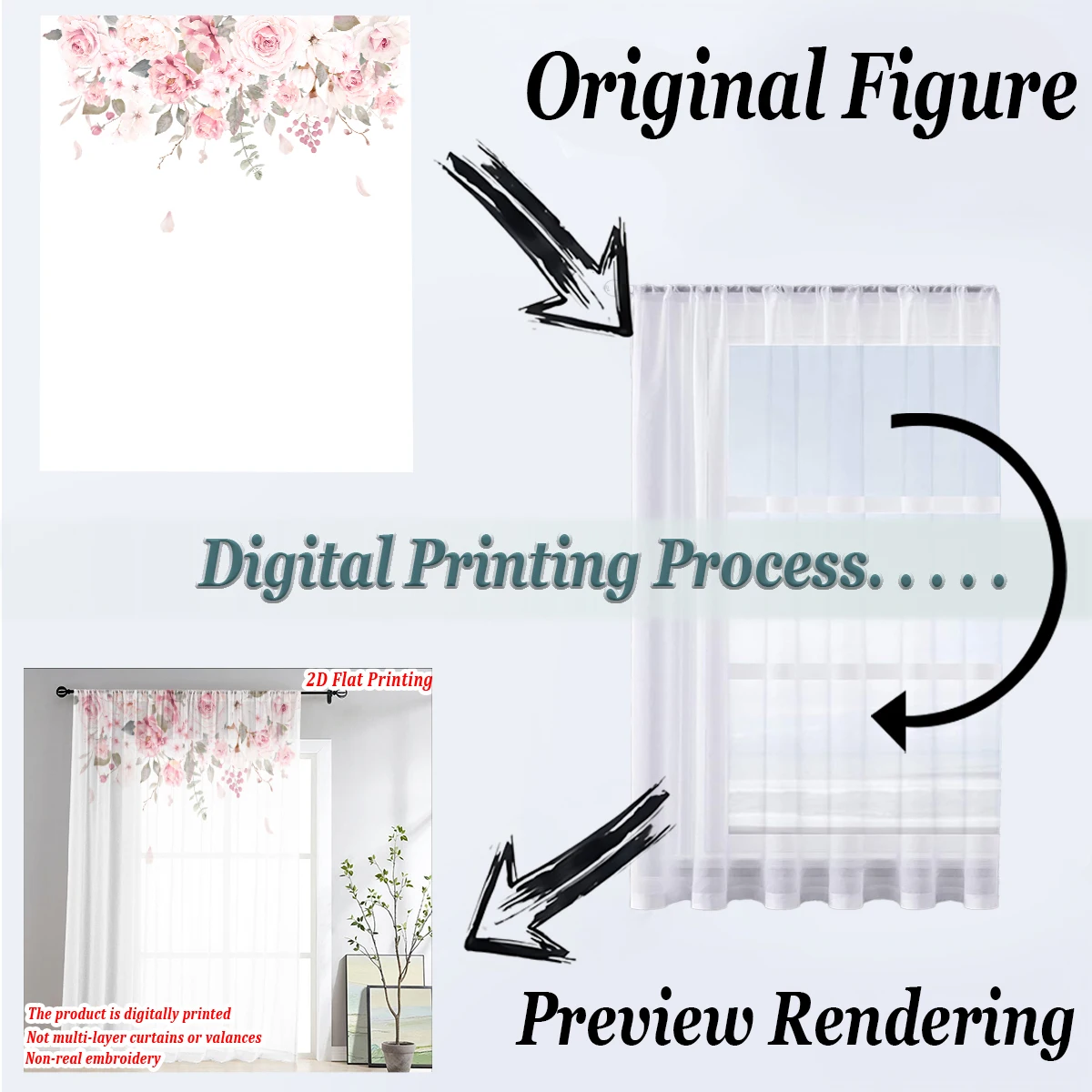 ستارة شفافة بطباعة مسطحة على شكل زهور وردية، قماش خفيف، لغرفة المعيشة وغرفة النوم وديكور المنزل والنافذة