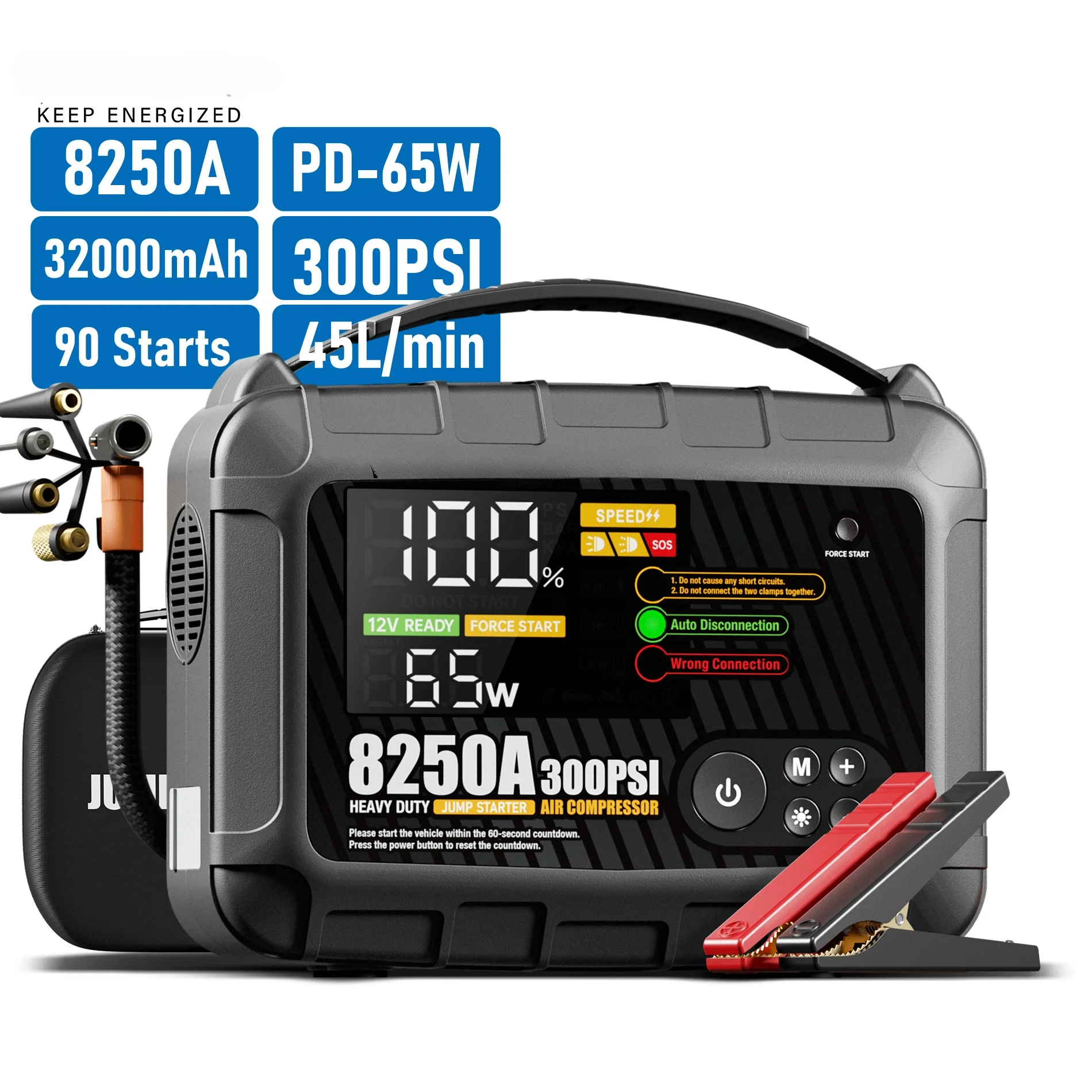 Factory Wholesales Jump Starter 8250A 12-volt 32000mAh Jump Starter with Air Compressor 300PSI Tire Inflato