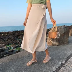 Spring Summer Autumn Beach Skirt Women 9 Colors High Waist Side Tie Casual Wrap Skirt Female Solid Elegant Midi Skirt Clothes
