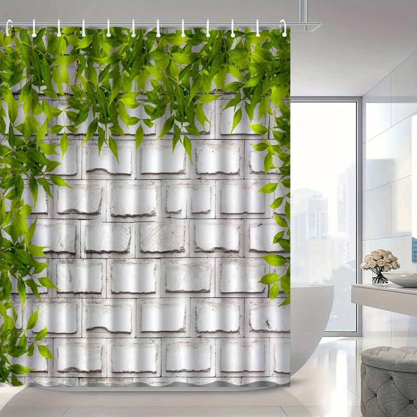 1pc Small Fresh Natural Green Plant Stone Brick Landscape Shower Curtain, High-end Elegant Bathroom Curtain, Bathroom Decoration