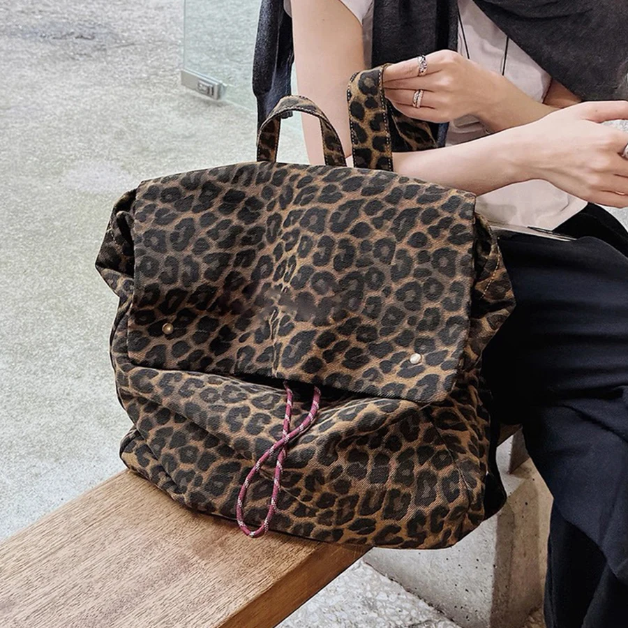 

Sweet Cool Leopard Print Canvas Flip Backpack Large Capacity Travel Student Schoolbag Y2k Bagkpacks Hot Girls Casual Mochila Sac
