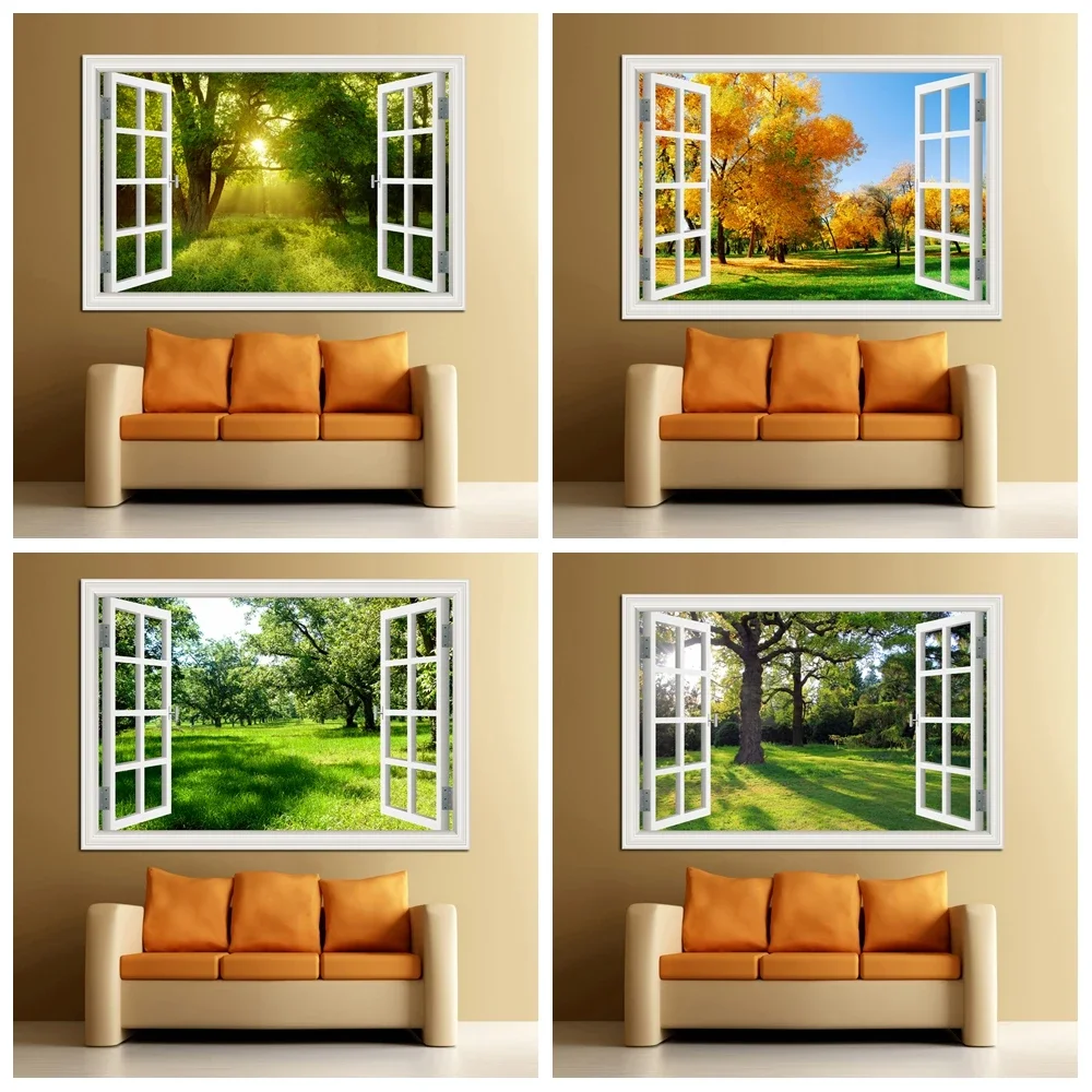 D Forest Window Landscape Wall Sticker  Removable Green  Golden Leaves Art Canvas Poster for Living Room  Forest Print Wall Deco