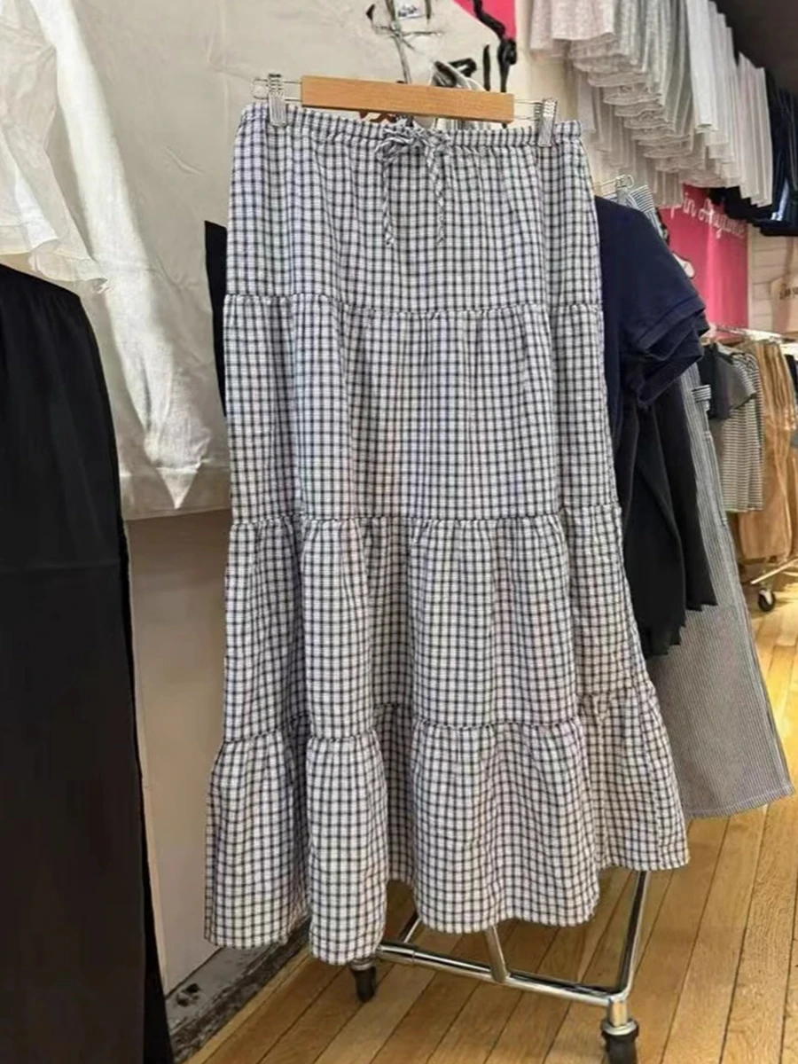 

Vintage Plaid Ruffles Loose Maxi Skirts Women New Casual Elastic High Waist A-line Falda Fairycore Preppy Style Long Skirt Y2K
