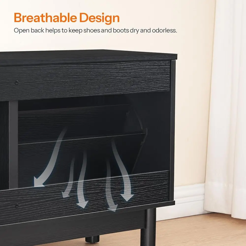 Banco de almacenamiento de zapatos estilo ratán, cajón abatible y gabinete de puerta, organizador de madera negro para entrada