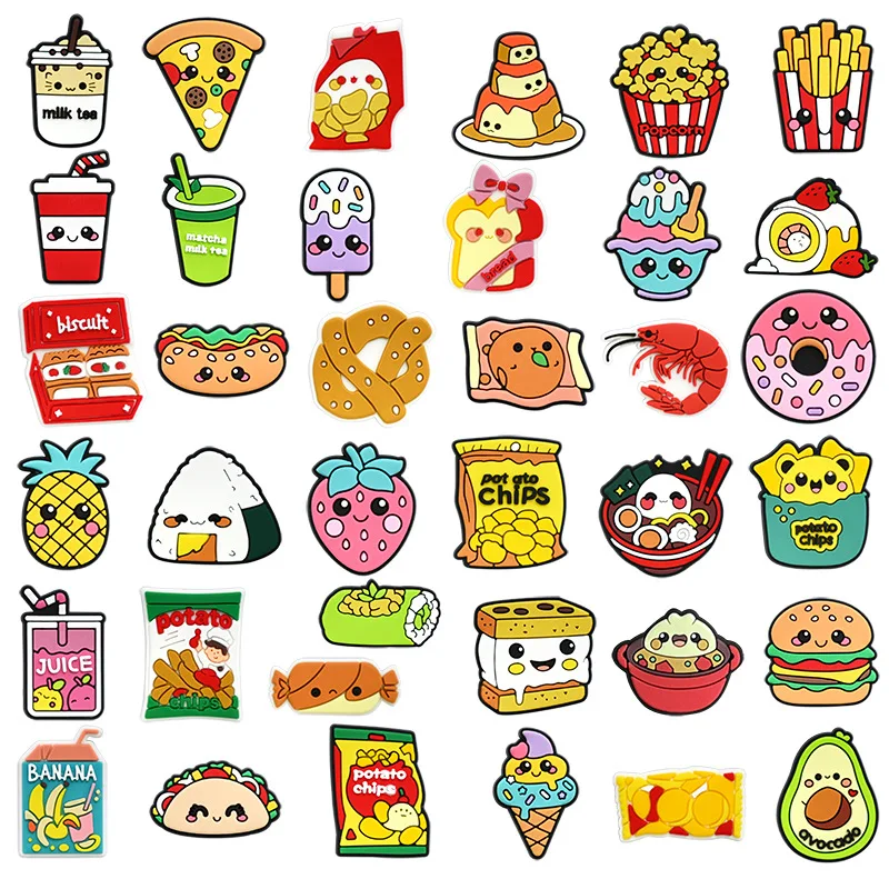 1/37 Piezas Lindos Dijes de PVC con Diseño de Comida de Dibujos Animados (Té con Leche, Hamburguesa, Sushi) para Decoración de Sandalias, Zuecos y Zapatos, Accesorios DIY
