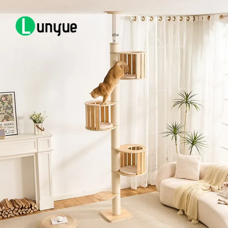 Solid Wood Cat Tree Tower Vertical Climbing Frame with Nest Space Saving Multi Cat Activity Center Sturdy Upright Scratching