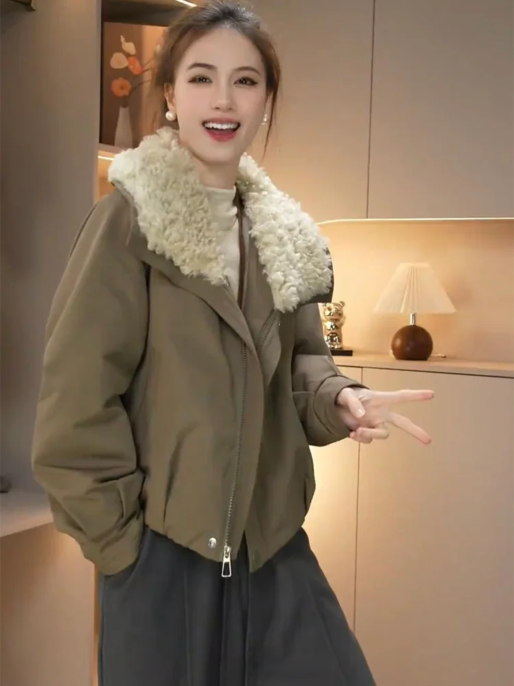 

European Style Fleece Lined Thickened Short Biker Jacket Women's Winter Fashion Warm Cotton Coat Trendy High Collar Outerwear