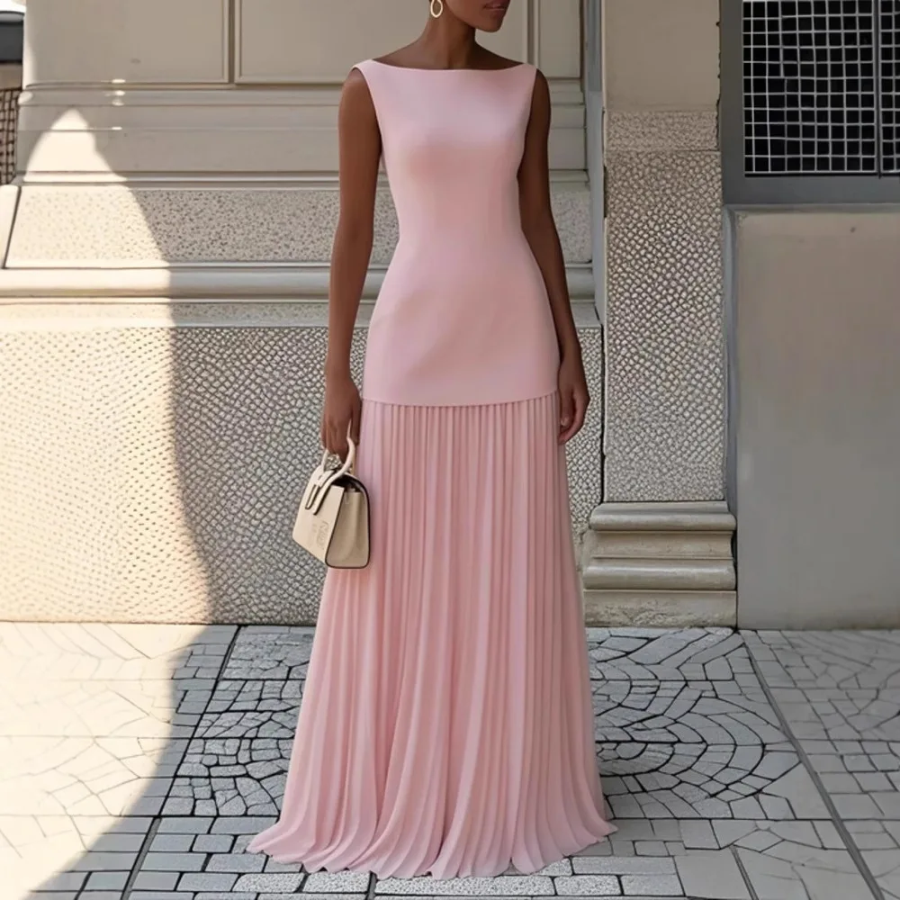 Women's Elegant Solid Pleated Skirt Sets Splice Pleated Two Piece Sexy Slash Neck Sleeveless Tank Top Outfits Hollow Slim Suits