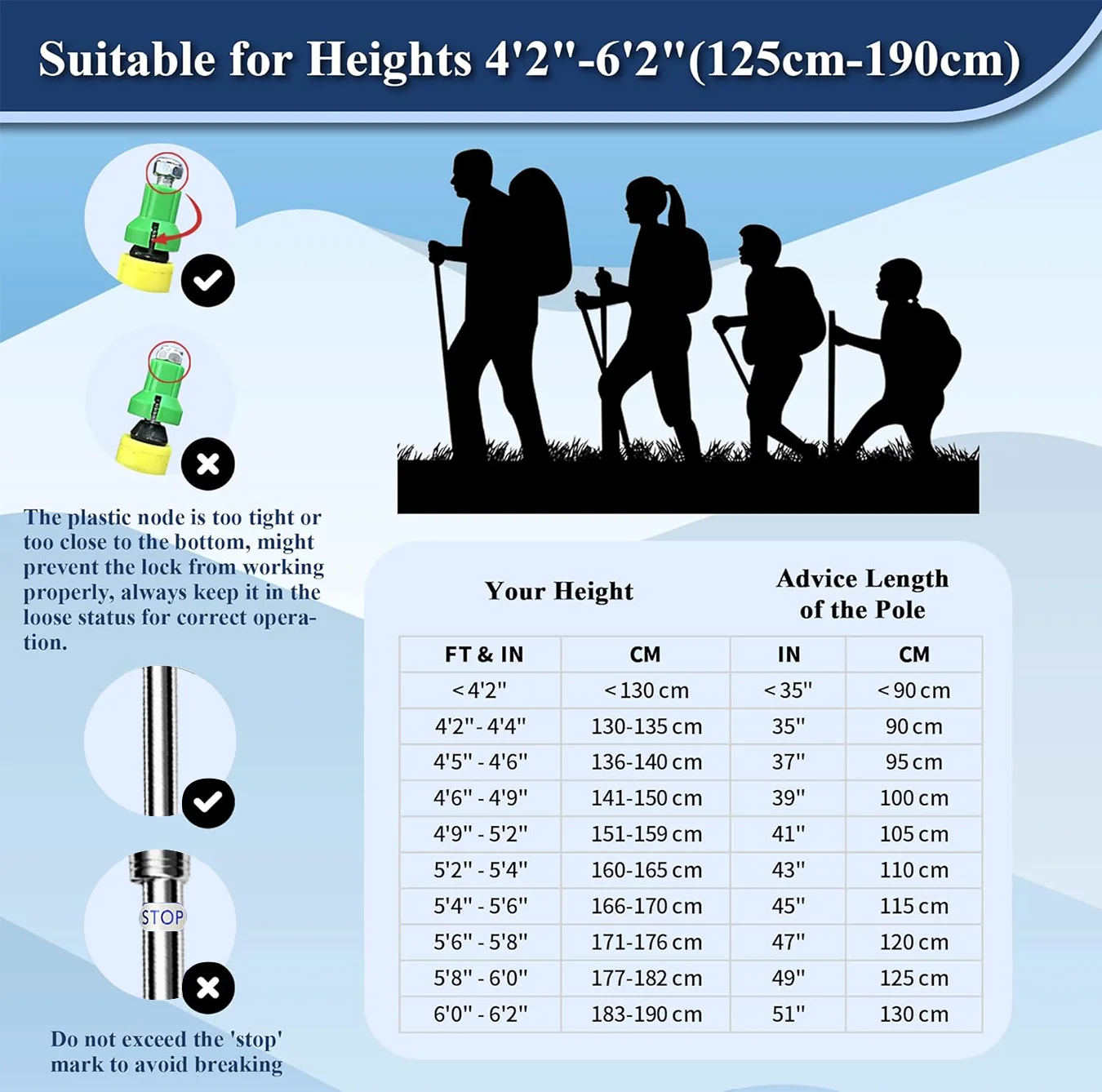 عمود الرحلات متعدد الوظائف، خفيف الوزن للغاية وقابل للتعديل - مساعد المشي لمسافات طويلة قابل للطي متعدد الأغراض (3 مقاسات) قابل للطي