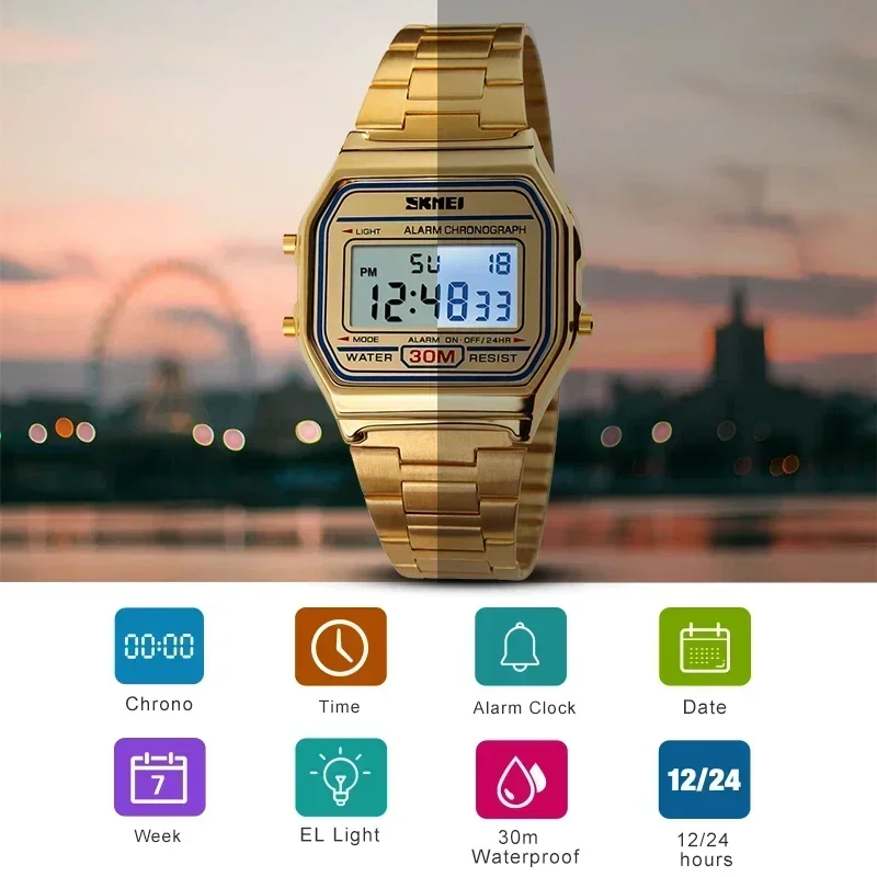 Skmei jam tangan Digital untuk pria, jam tangan Digital kasual olahraga 1123 tali baja tahan karat tampilan LED tahan air 3Bar