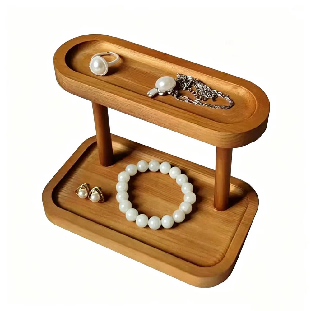 Wooden Bangle Jewelry Storage Rack, 2-Tier Cosmetic Desktop Organizer Chain Bracelet Holder Ring Necklace Watch Display Stand