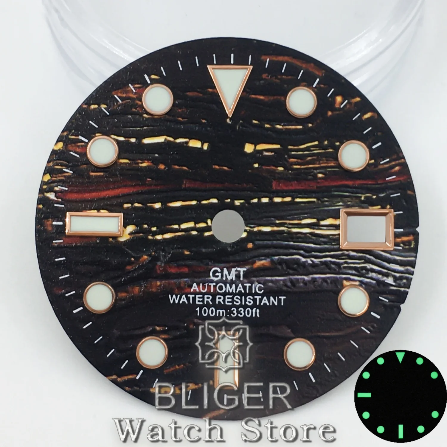 BLIGER 29 мм Lron Tiger's Eye Модифицированный циферблат для дайвинга Высокое качество Зеленый светящийся подходит для механизма NH34 NH35 может индивидуальный текст логотипа