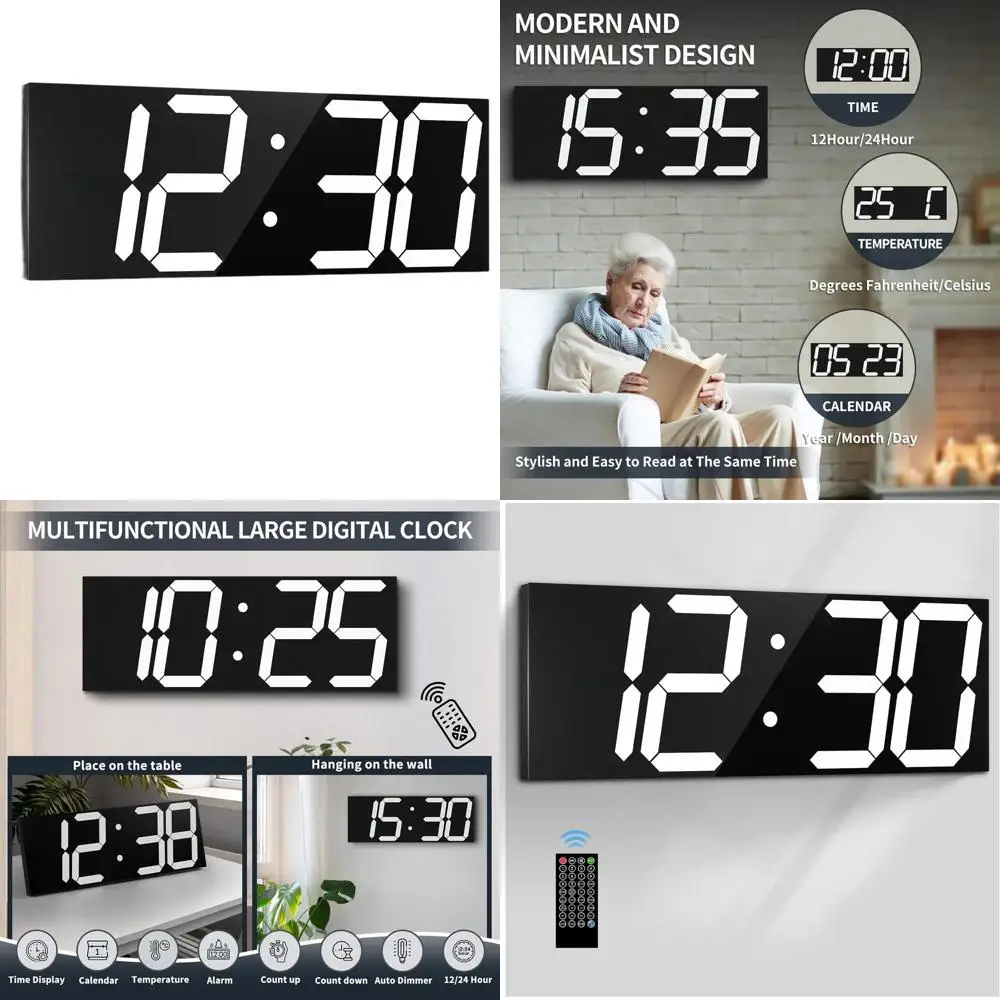 

Большие настенные часы с LED-дисплеем 18,7 дюйма, с пультом дистанционного управления, таймером, будильником и календарем — белые