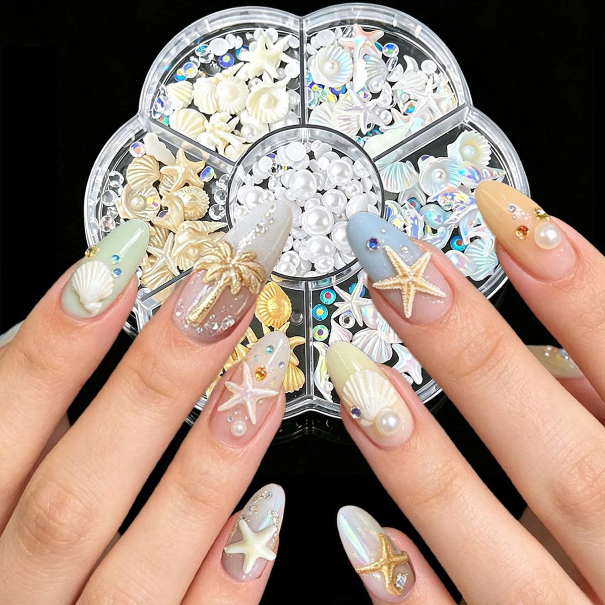 1Box 3D Creative Colored Ocean Series Nail Charms Multiple Styles Glitter Fishtail Shell Coconut Tree Nail Art Decorations DIY