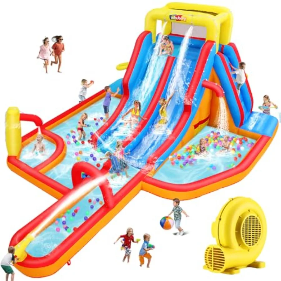 

Large Inflatable Pool Water Slides 18X14 Ft Waterslide Bounce House for 8-12 840D+420D Ox Fabric Blue Long Slide Splash Pool wi