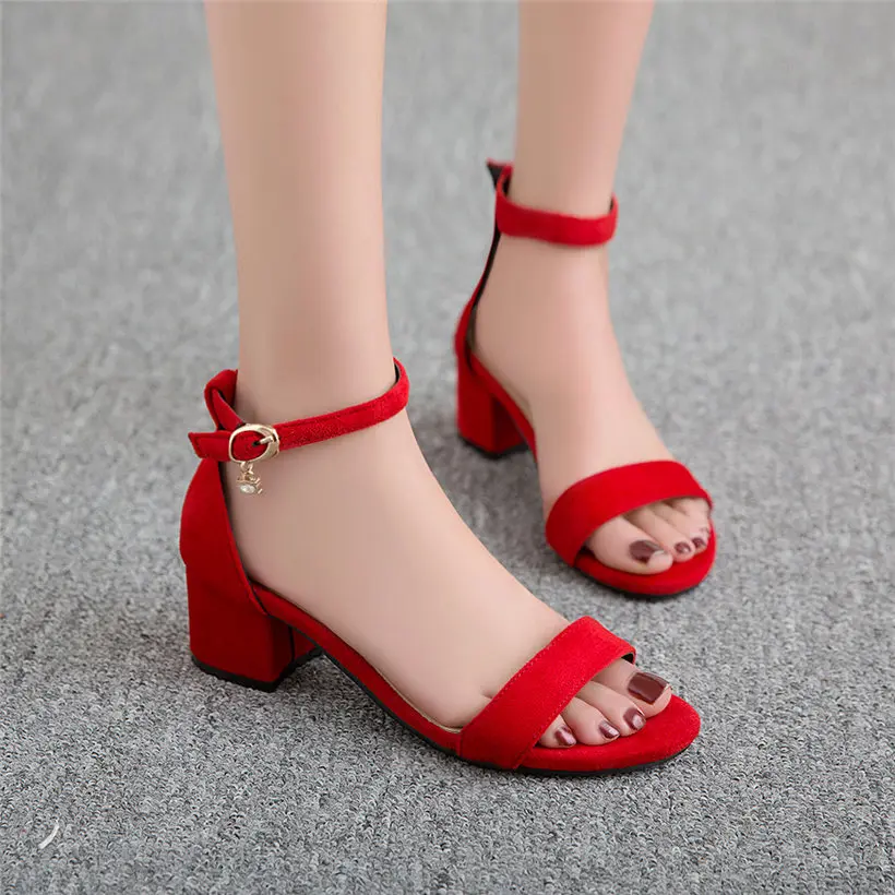 Big Size 47 Woman Sandals Red Blue Flock 5cm Medium High Square Block Heel Open Toe Casual Party Office Ankle Strap Lady Sandals