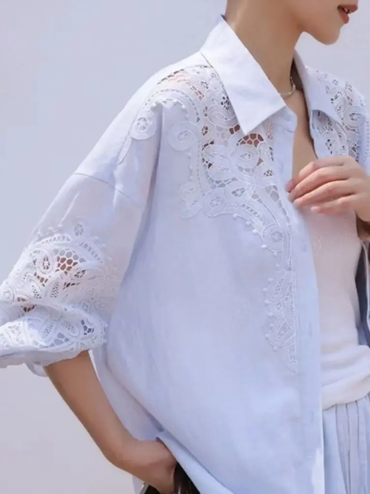 Camicette lunghe oversize in cotone 100% con perforazione a caldo con diamanti di design di marca di lusso per top cardigan a maniche lunghe autunnale da donna