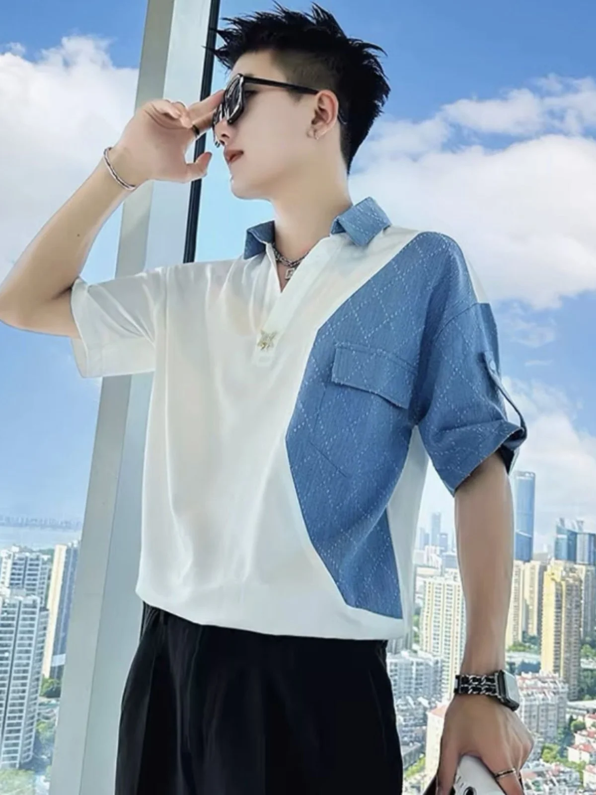 

ort Sve irt Men's Trendy Brand V-ne Ice Silk Thin Denim Patchwork Summer Faionable Stand Fit Urban Sle T...