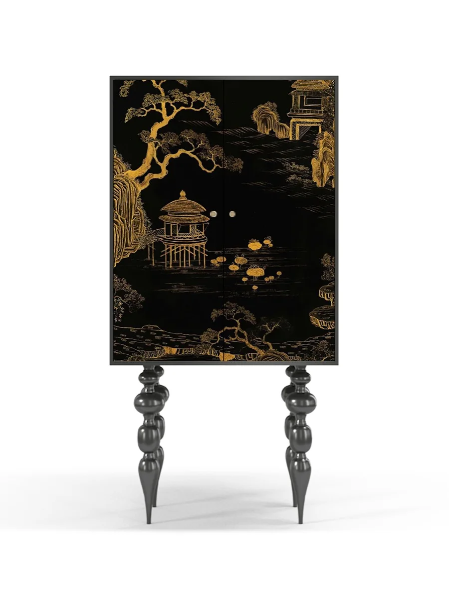 

New Chinese Style Solid Wood Wall Decorative Storage Retro High Leg Entrance Cabinet Black Art Chest of Drawers