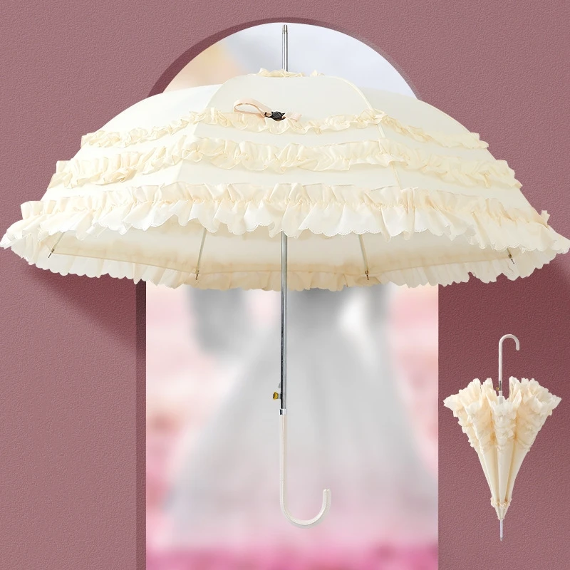 Sombrilla de flores de encaje de mango largo para mujer, sombrilla a prueba de viento, lluvia, marfil, forma de Pagoda, paraguas de Boda nupcial de princesa