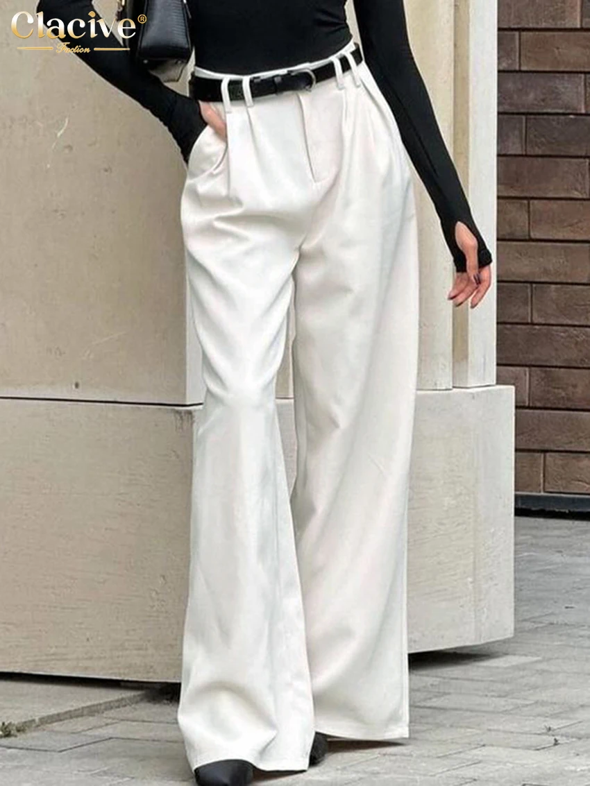 Clacive mode ample blanc bureau femmes pantalon 2025 décontracté taille haute pantalon large élégant pleine longueur pantalon femme Cltohing