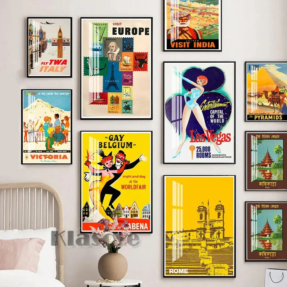 Vintage Travel Poster Set  World Cities Wall Art  Chicago Baku Rome India Egypt Belgium Las Vegas Australia  Gift Idea