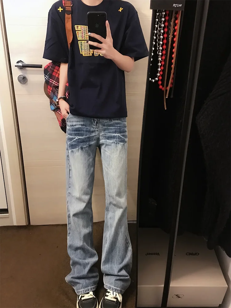 

Light Blue Lightning Pattern Jeans High Waist Straight Leg Jeans Men Women Casual Wear Cotton Polyester Blend Durable