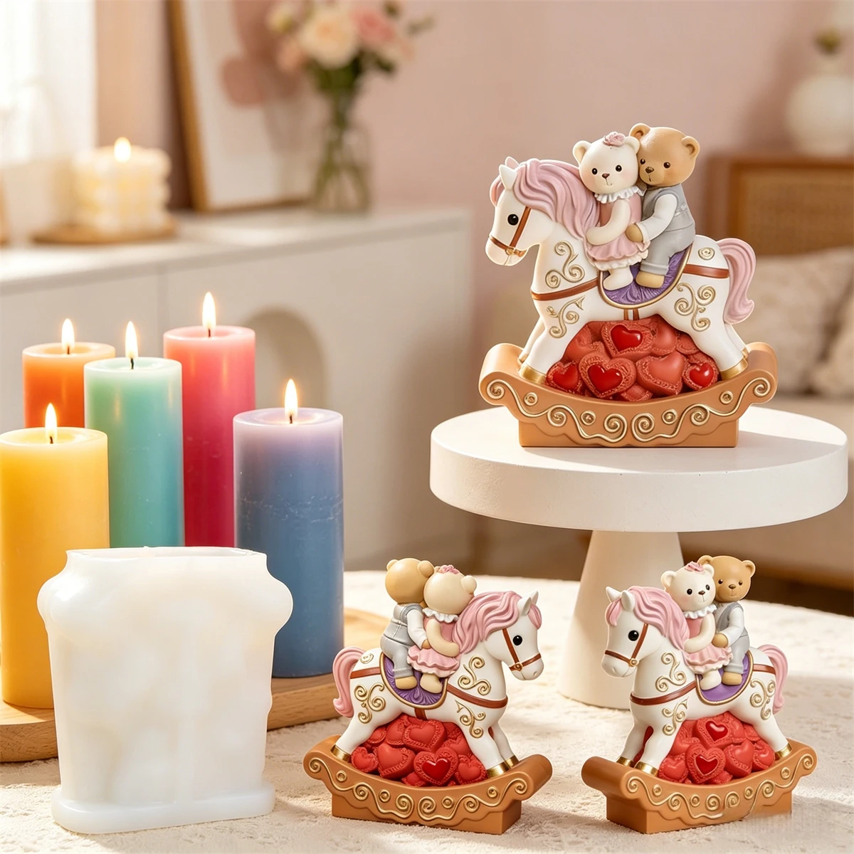 3D Couple Bear on Carousel Horse Silicone Candle Mold, Romantic Teddy Bear Rocking Horse Scented Candle Plaster Silicone Mold