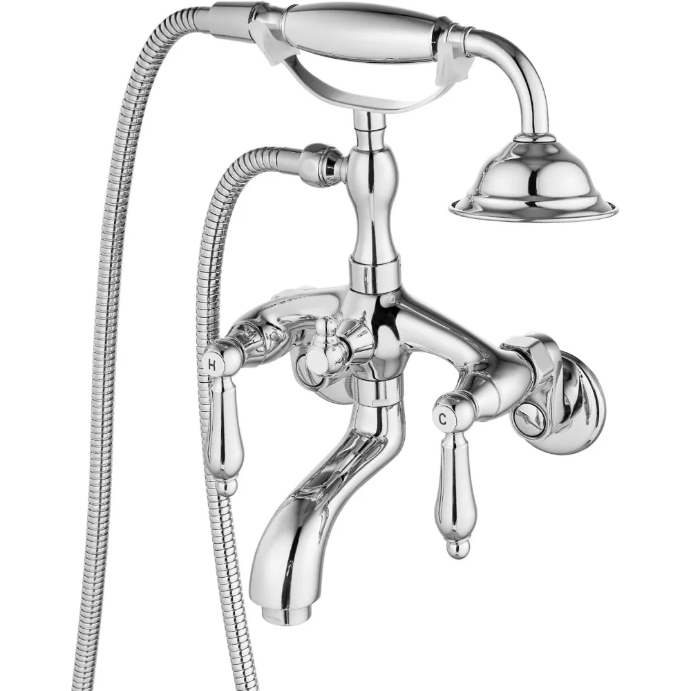 

Wall Mount Clawfoot Tub Faucet with 3-3/8 Inch Spout, Double Handle for Hot and Cold Water, Includes Handheld Shower Sprayer