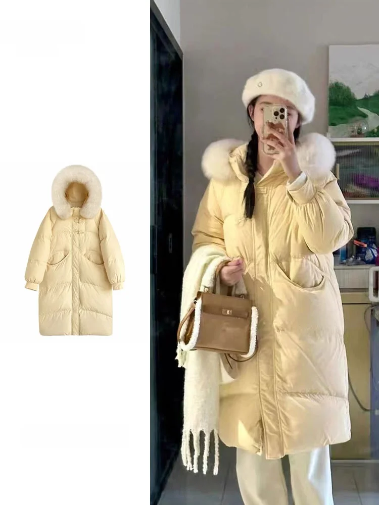 plus Size Yellow New Chinese Style Button down down Cotton Jacket Women Winter Loose Thickened Mid-Length Over-Knee Cotton Coat