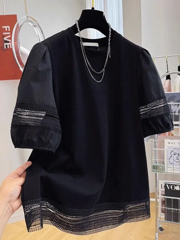 Wysokiej klasy japoński T-shirt z czystej bawełny, koronkowy patchwork, bufiaste rękawy, duży rozmiar, do pracy, okrągły dekolt.