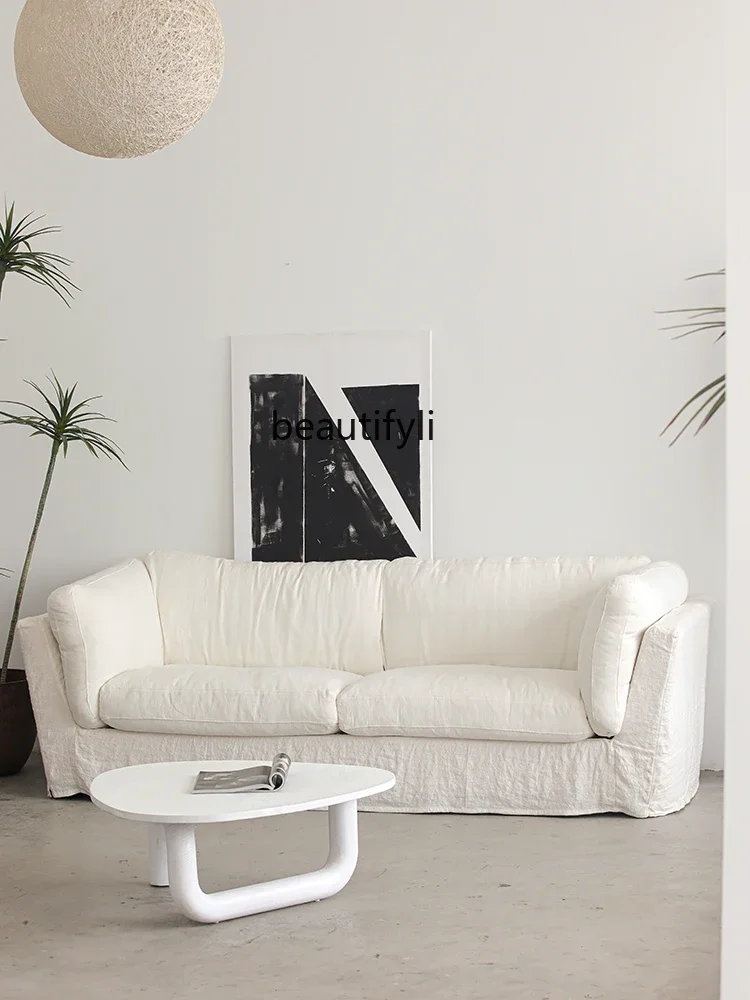 

xzModern Italian Minimalist Cream Style Fabric Sofa French Retro Linen Three-Person Living Room Sofa