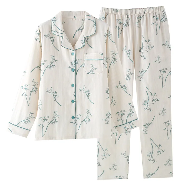 طقم بيجامة نسائي جديد لربيع وصيف 2024 100% كريب قطني بأكمام طويلة قطعتين لطيف حلو مقاس كبير ملابس نوم منزلية غضب