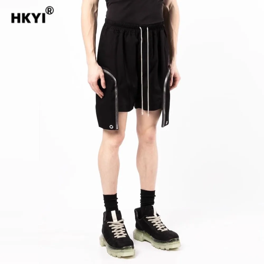 HKYI Summer Men's Large Pocket Zipper Casual Strap Wide Leg Five Point Zipper Side Pocket Shorts