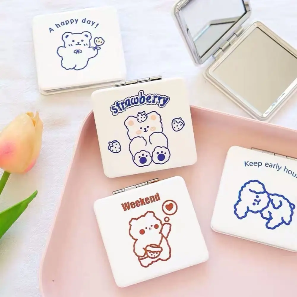 Little Bear Folding Makeup Mirror Double-Sided Mini Cosmetic Mirror Handheld Cartoon Dog Compact Pocket Mirror Cosmetics Tools