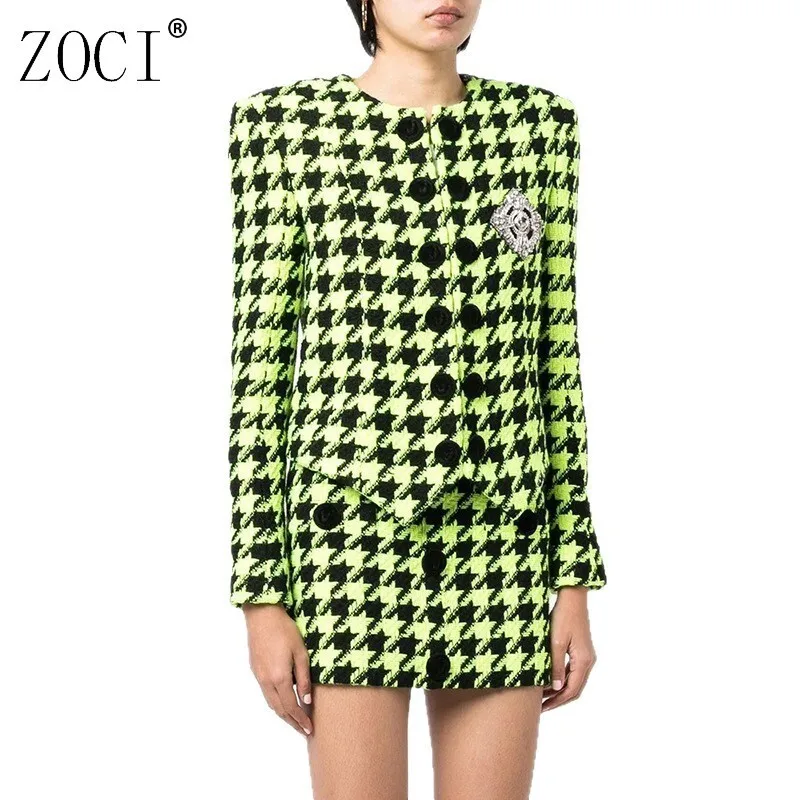 

ZOCI Women's Beading Skirts Sets Long Sleeve Jackets With Short Skirts Female Lion Buttons Logo Beaded Hound Stooth 2025 New