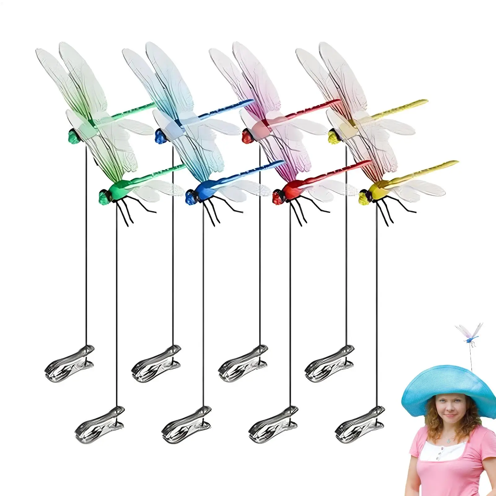8 Pieces Fake Dragonfly Rod Clip Dragonfly Insert Pole Clip Realistic Colorful Garden Decor Natural Stakes Fly Scare Devices