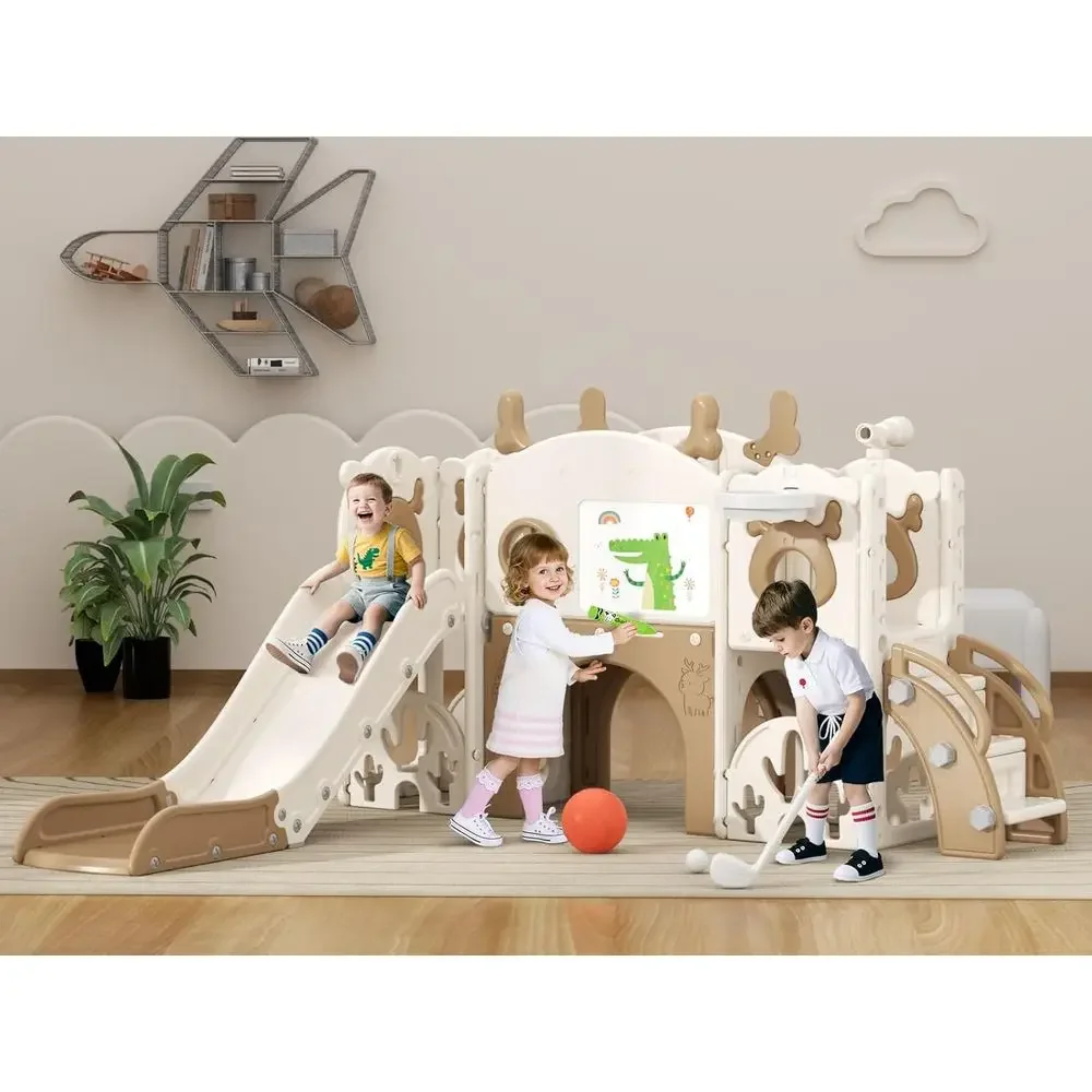 

All-in-One Toddler Slide Set, Ages 1+, Enhanced with Golf Set, Basketball, and Indoor/Outdoor Play, Perfect for Birthdays (Brown