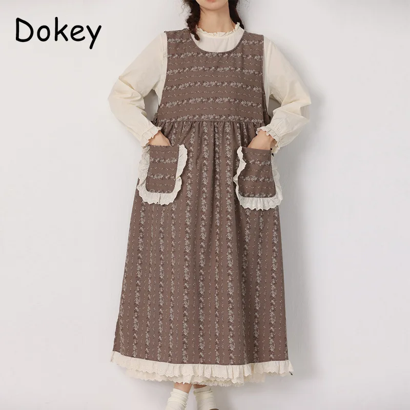 Japan style Mori Girl Print Tank Dress Women Summer Vintage Flower O-neck Sleeveless Loose Kawaii Cotton Linen Vestidos Female