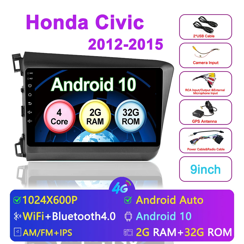 Android 10 Car Multimedia System 9inch RDS AM FM BT GPS Navigation  Mirror Link Radio Player 2G+32G For Honda Civic 2012-2015